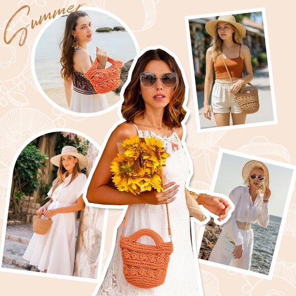 Straw Crossbody Bag Cotton Summer Beach Tote Small Travel Portable - Picture 6 of 9